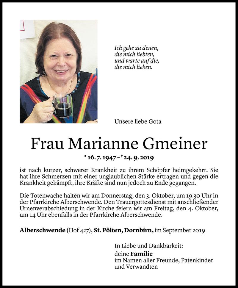  Todesanzeige für Marianne Gmeiner vom 01.10.2019 aus Vorarlberger Nachrichten
