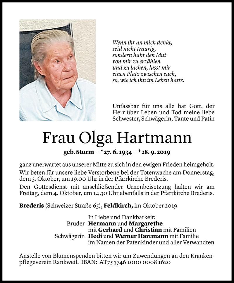  Todesanzeige für Olga Hartmann vom 02.10.2019 aus Vorarlberger Nachrichten