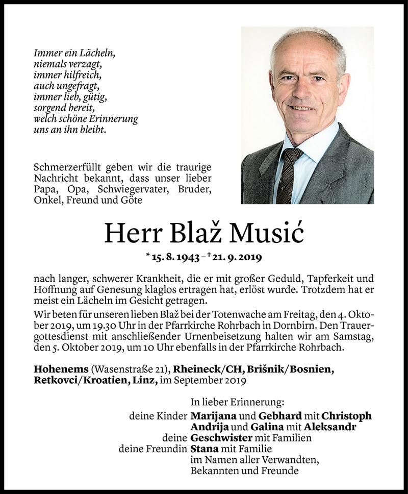  Todesanzeige für Blaz Music vom 01.10.2019 aus Vorarlberger Nachrichten