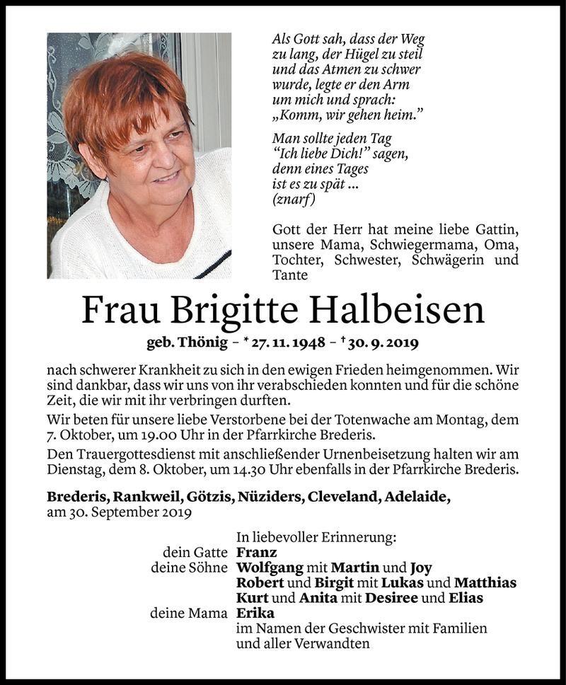  Todesanzeige für Brigitte Halbeisen vom 05.10.2019 aus Vorarlberger Nachrichten