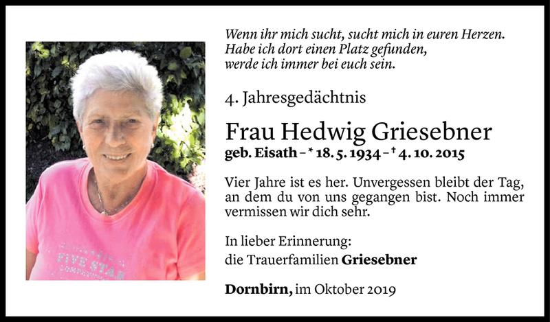  Todesanzeige für Hedwig Griesebner vom 03.10.2019 aus Vorarlberger Nachrichten