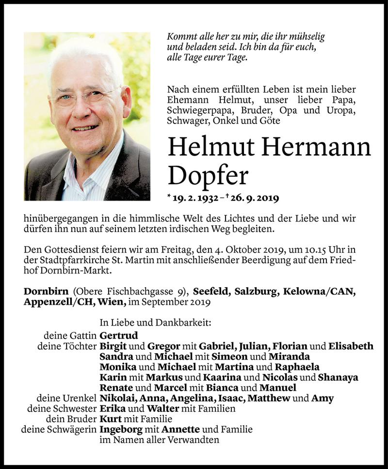  Todesanzeige für Helmut Hermann Dopfer vom 01.10.2019 aus Vorarlberger Nachrichten
