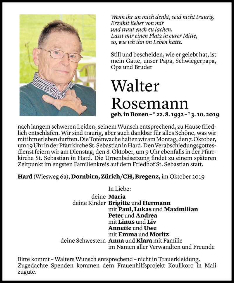  Todesanzeige für Walter Rosemann vom 04.10.2019 aus Vorarlberger Nachrichten