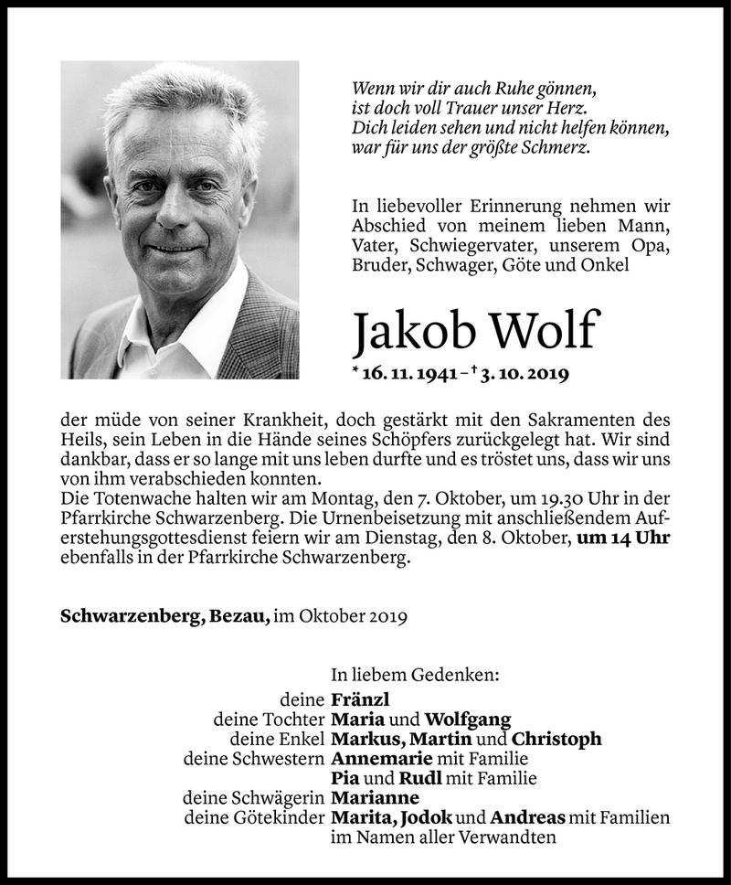  Todesanzeige für Jakob Wolf vom 04.10.2019 aus Vorarlberger Nachrichten
