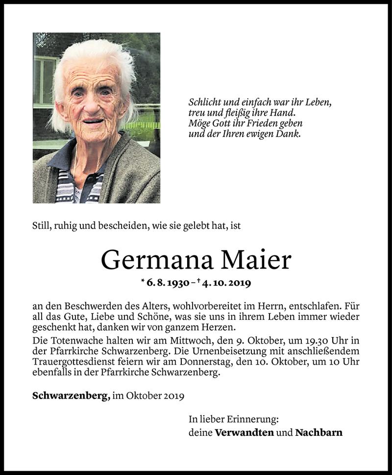 Todesanzeigen von Germana Maier | Todesanzeigen Vorarlberger Nachrichten