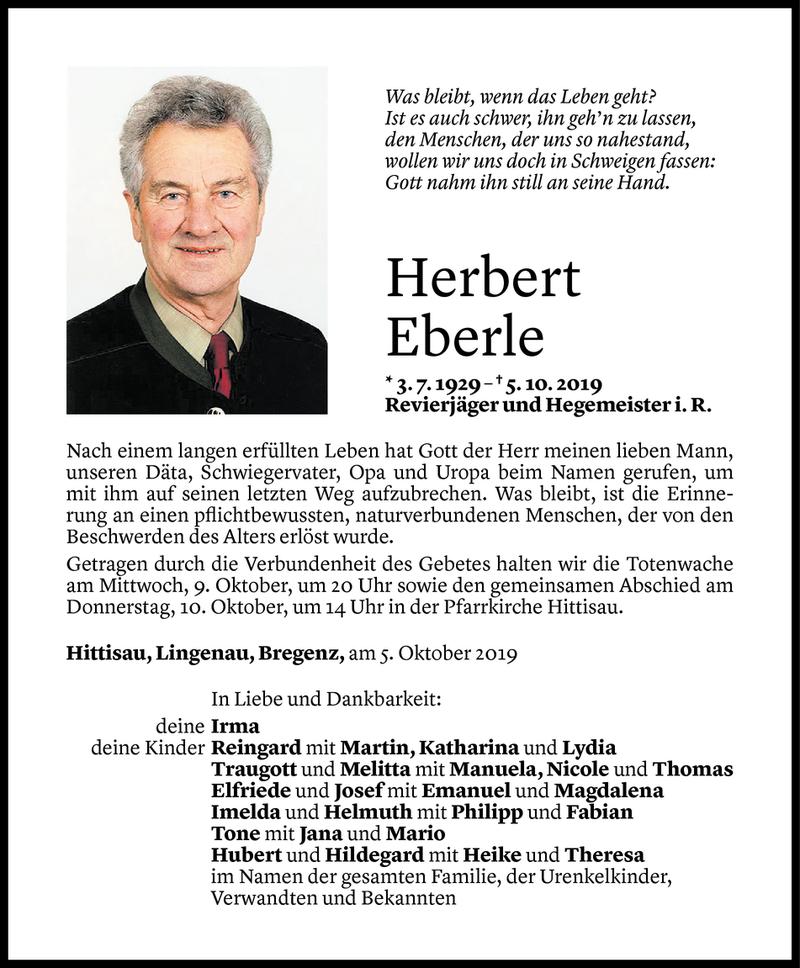  Todesanzeige für Herbert Eberle vom 07.10.2019 aus Vorarlberger Nachrichten