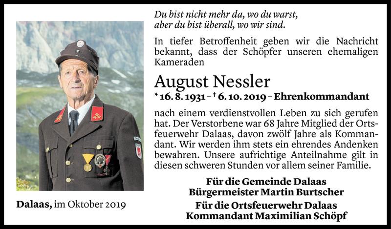  Todesanzeige für Gustl Nessler vom 08.10.2019 aus Vorarlberger Nachrichten