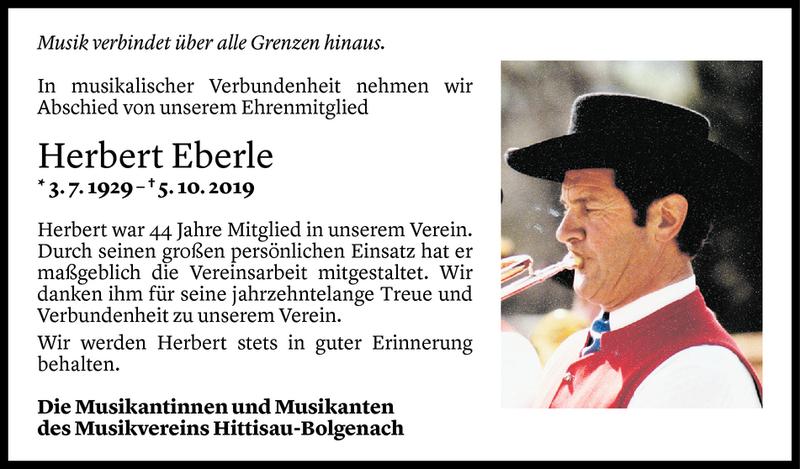  Todesanzeige für Herbert Eberle vom 07.10.2019 aus Vorarlberger Nachrichten
