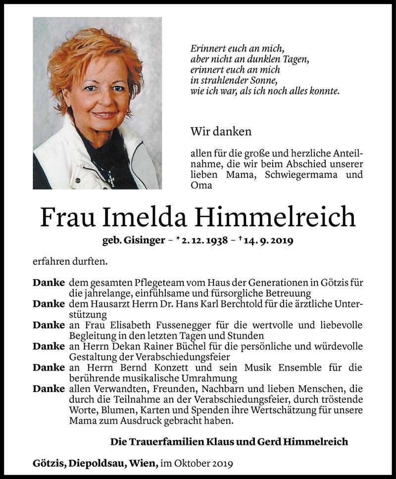 Todesanzeige für Imelda Himmelreich vom 09.10.2019 aus Vorarlberger Nachrichten