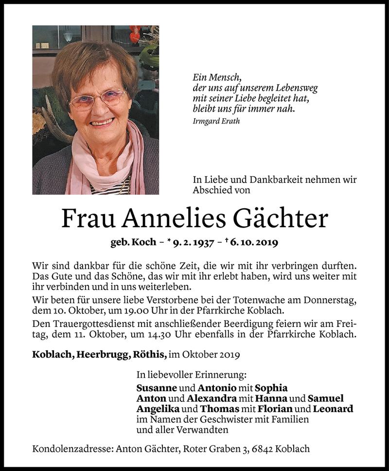  Todesanzeige für Annelies Gächter vom 09.10.2019 aus Vorarlberger Nachrichten