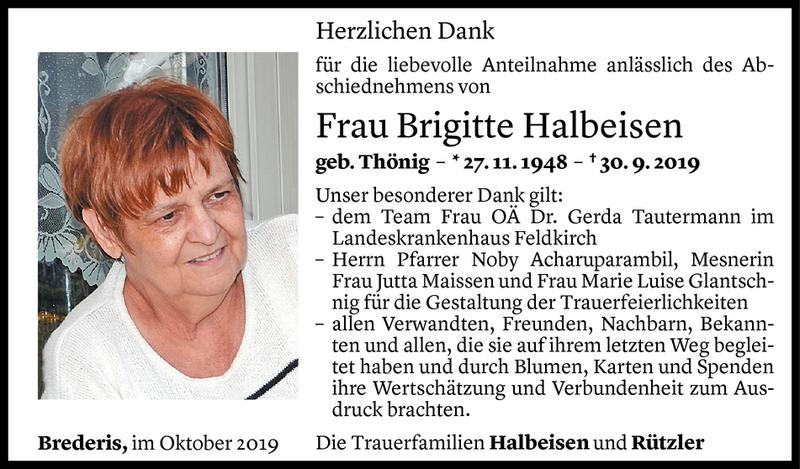  Todesanzeige für Brigitte Halbeisen vom 19.10.2019 aus Vorarlberger Nachrichten