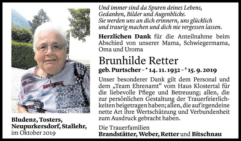  Todesanzeige für Brunhilde Retter vom 12.10.2019 aus Vorarlberger Nachrichten