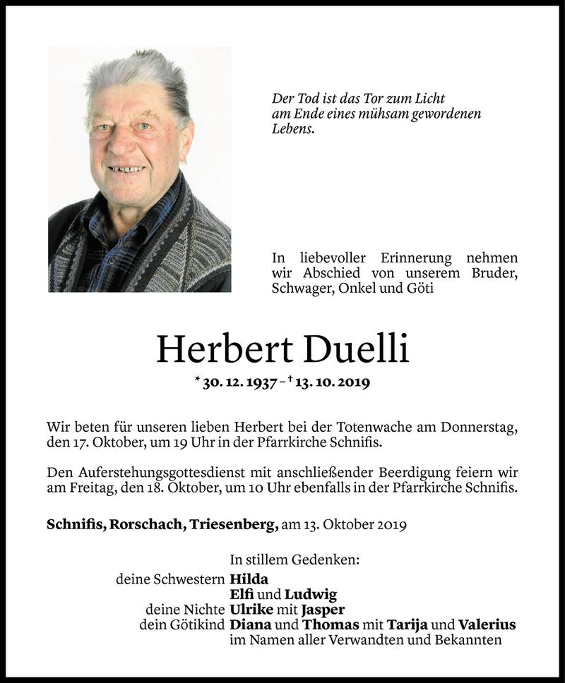  Todesanzeige für Herbert Duelli vom 14.10.2019 aus Vorarlberger Nachrichten