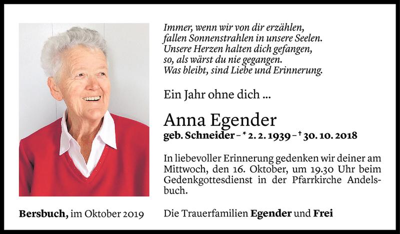  Todesanzeige für Anna Egender vom 14.10.2019 aus Vorarlberger Nachrichten