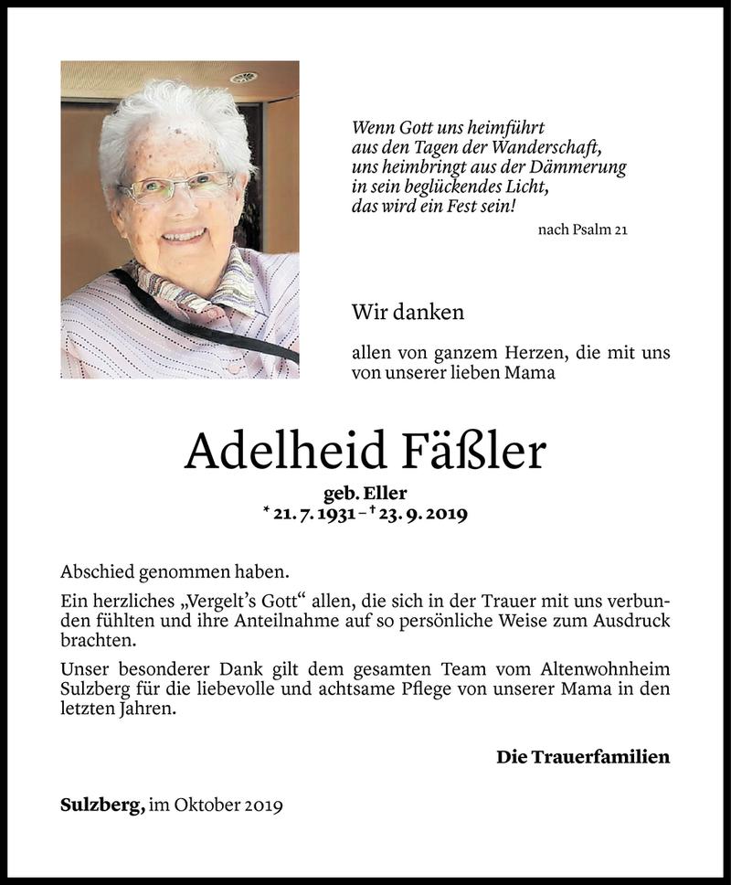 Todesanzeige für Adelheid Fäßler vom 17.10.2019 aus Vorarlberger Nachrichten
