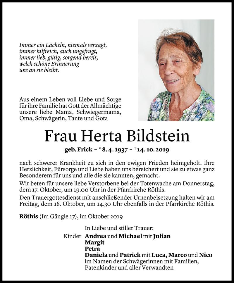  Todesanzeige für Herta Bildstein vom 16.10.2019 aus Vorarlberger Nachrichten