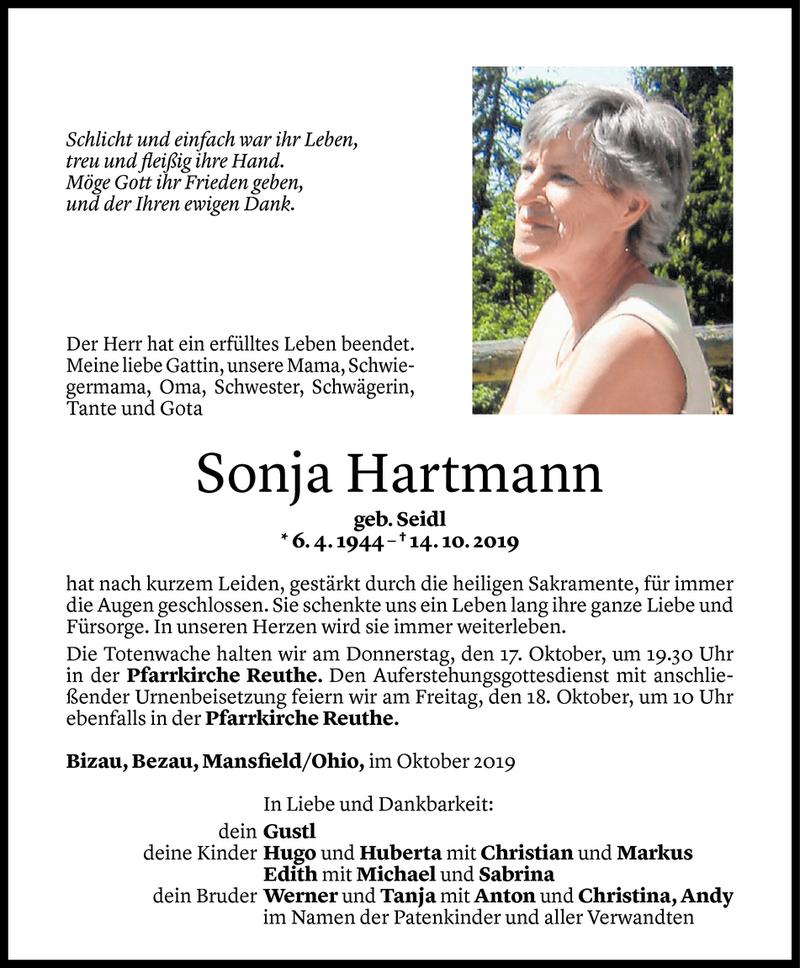  Todesanzeige für Sonja Hartmann vom 15.10.2019 aus Vorarlberger Nachrichten