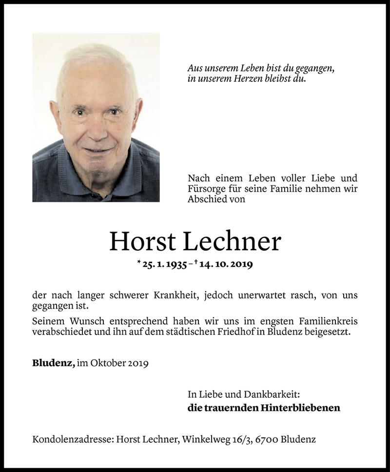  Todesanzeige für Horst Lechner vom 19.10.2019 aus Vorarlberger Nachrichten