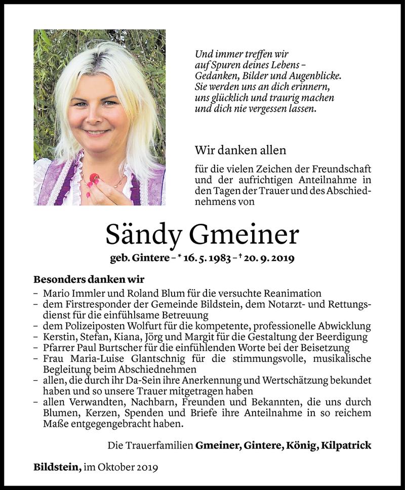 Todesanzeige für Sändy Gmeiner vom 18.10.2019 aus Vorarlberger Nachrichten