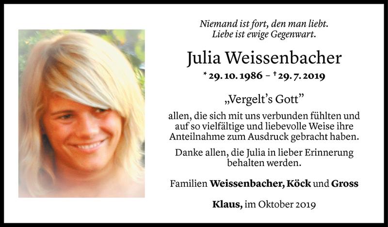  Todesanzeige für Julia Weissenbacher vom 19.10.2019 aus Vorarlberger Nachrichten