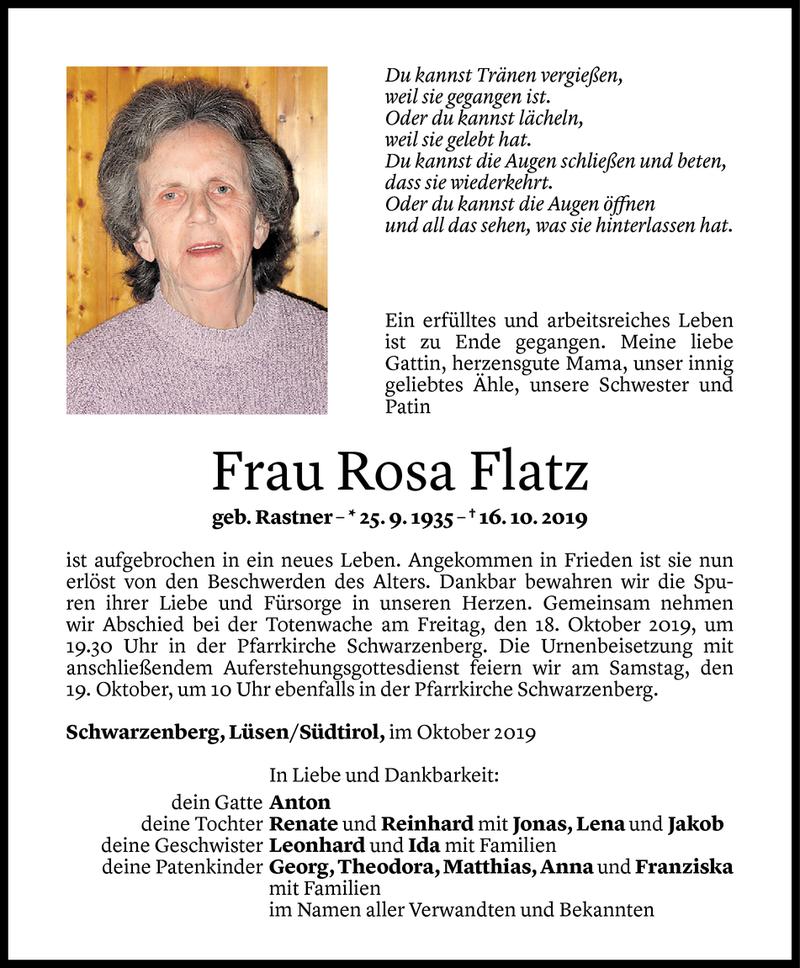  Todesanzeige für Rosa Flatz vom 17.10.2019 aus Vorarlberger Nachrichten