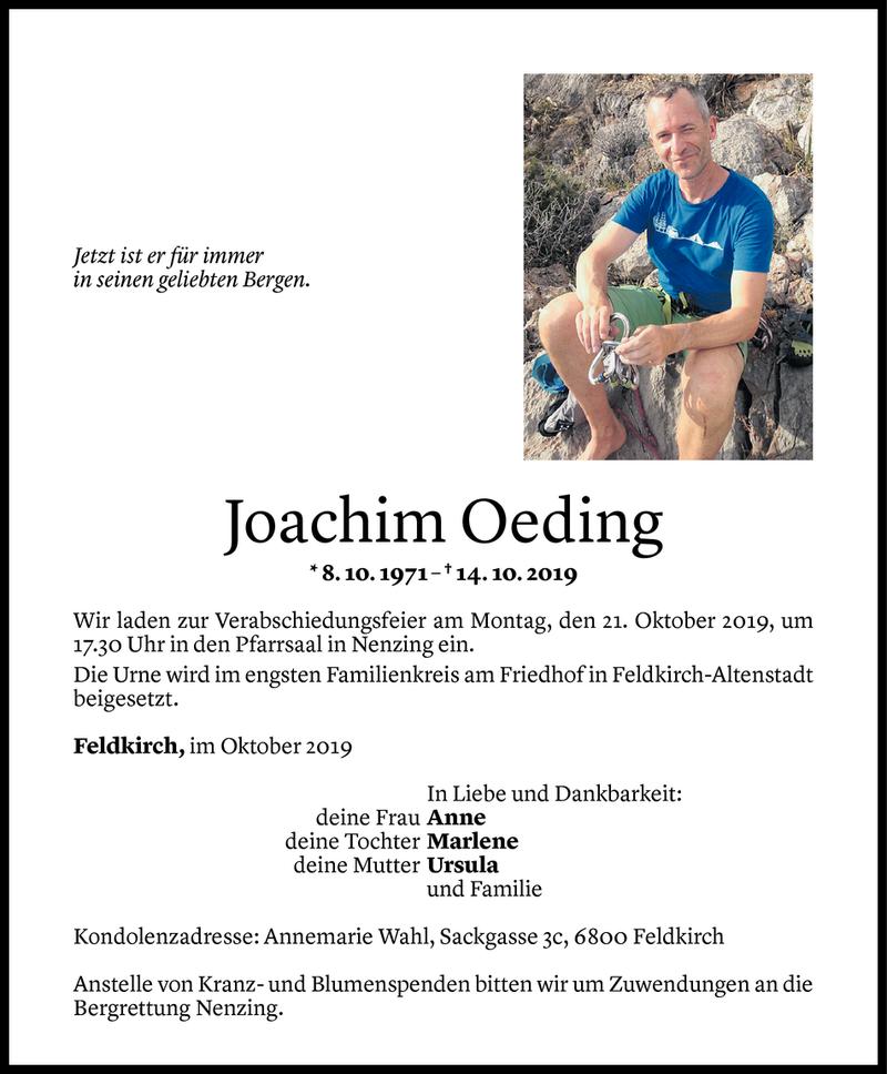  Todesanzeige für Joachim Oeding vom 17.10.2019 aus Vorarlberger Nachrichten