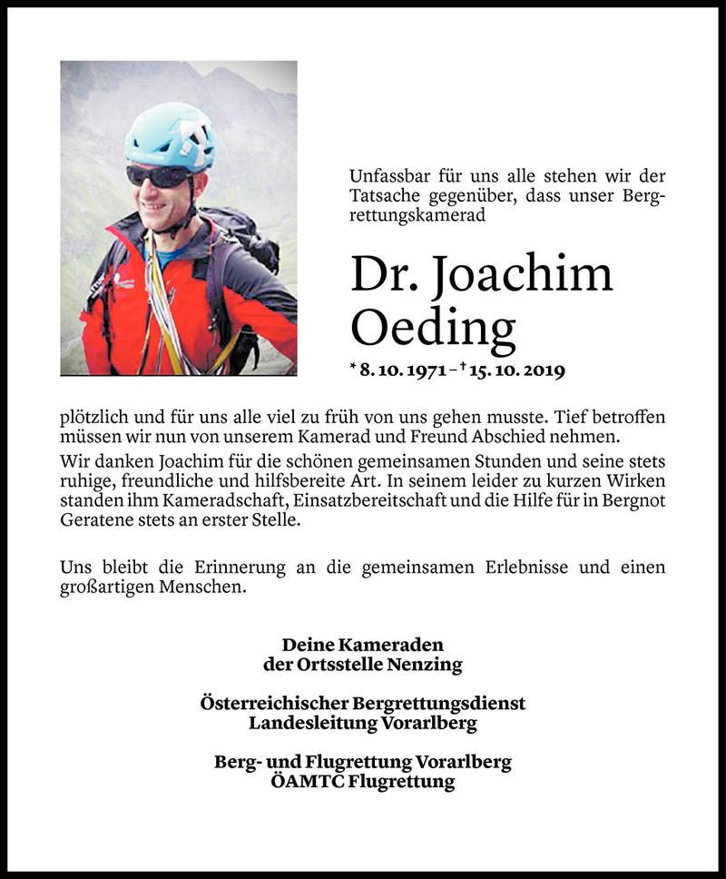 Todesanzeige für Joachim Oeding vom 17.10.2019 aus Vorarlberger Nachrichten
