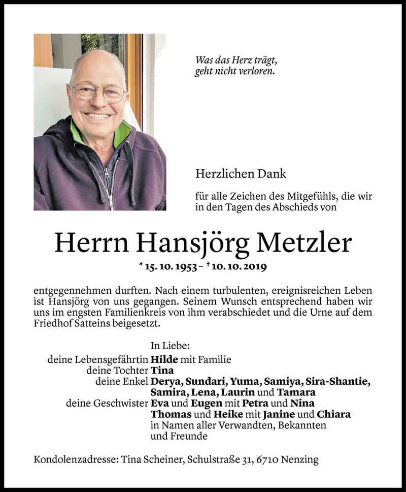  Todesanzeige für Hansjörg Metzler vom 21.10.2019 aus Vorarlberger Nachrichten
