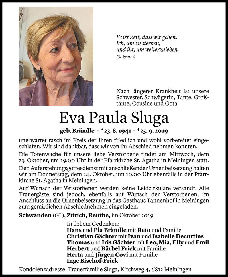  Todesanzeige für Eva Sluga vom 21.10.2019 aus Vorarlberger Nachrichten