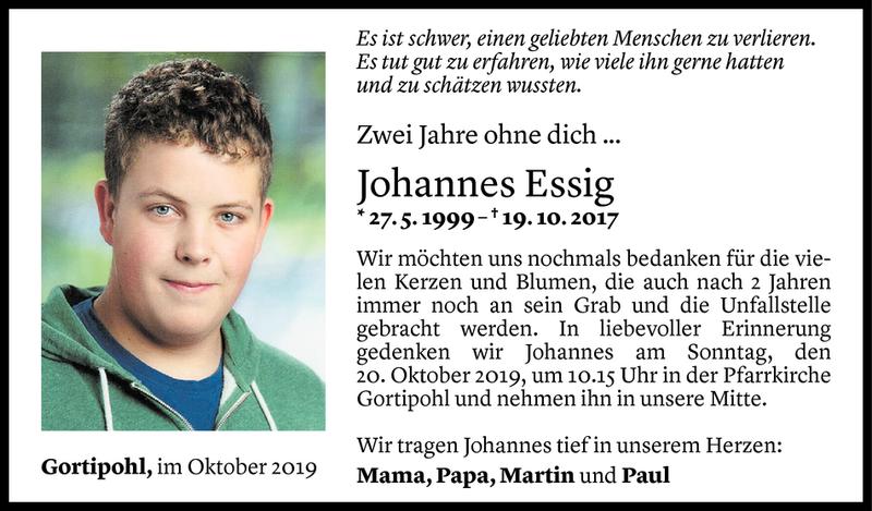  Todesanzeige für Johannes Essig vom 18.10.2019 aus Vorarlberger Nachrichten