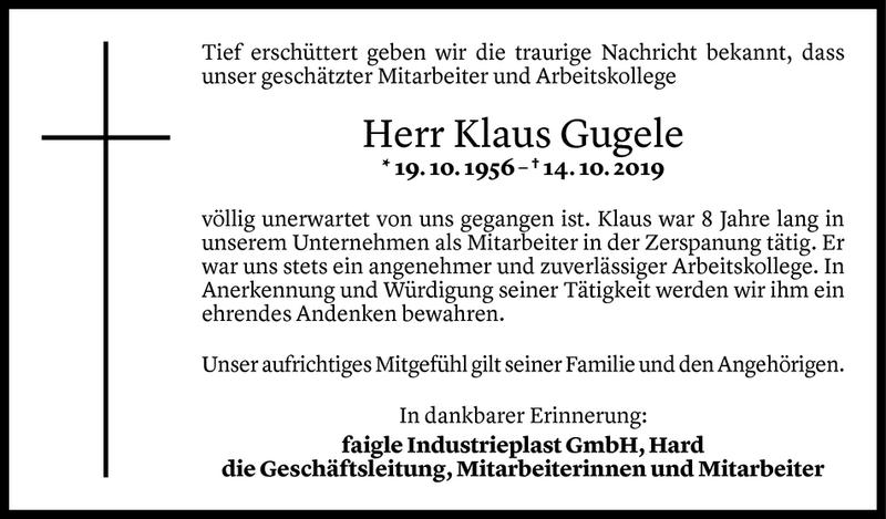  Todesanzeige für Klaus Gugele vom 18.10.2019 aus Vorarlberger Nachrichten