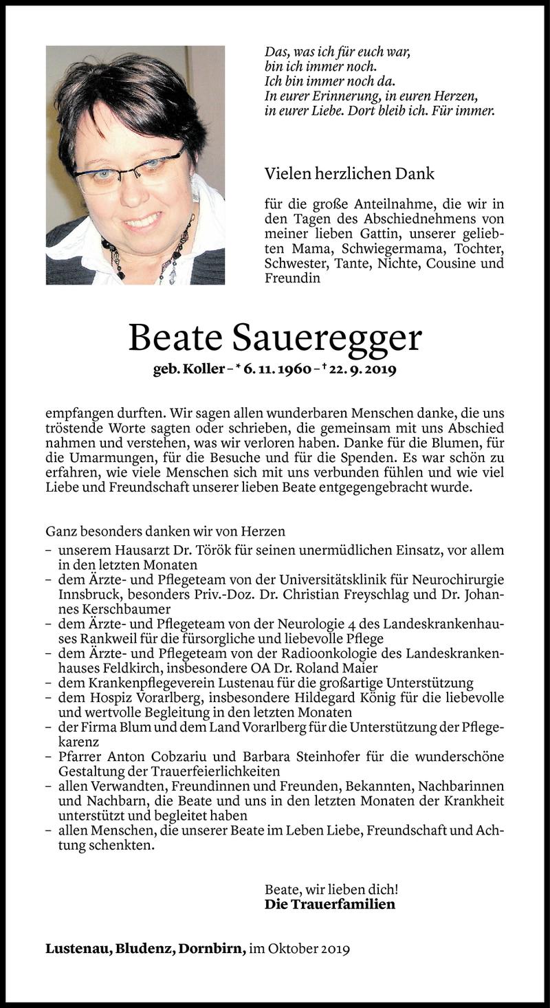  Todesanzeige für Beate Saueregger vom 18.10.2019 aus Vorarlberger Nachrichten