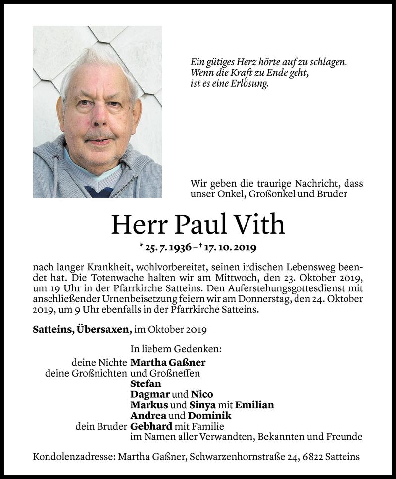  Todesanzeige für Paul Vith vom 20.10.2019 aus Vorarlberger Nachrichten