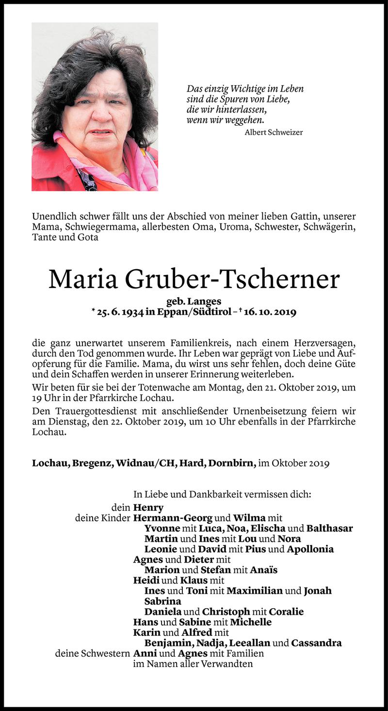  Todesanzeige für Maria Gruber-Tscherner vom 18.10.2019 aus Vorarlberger Nachrichten