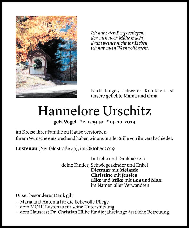  Todesanzeige für Hannelore Urschitz vom 21.10.2019 aus Vorarlberger Nachrichten