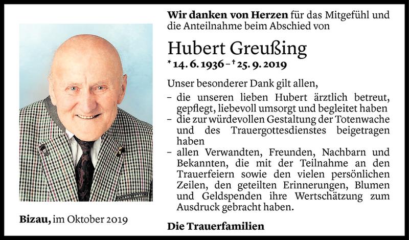  Todesanzeige für Hubert Greußing vom 21.10.2019 aus Vorarlberger Nachrichten