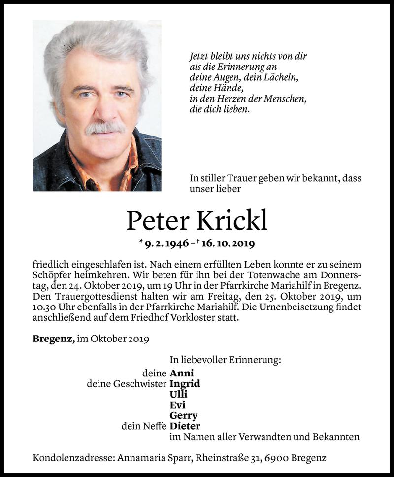  Todesanzeige für Peter Krickl vom 21.10.2019 aus Vorarlberger Nachrichten