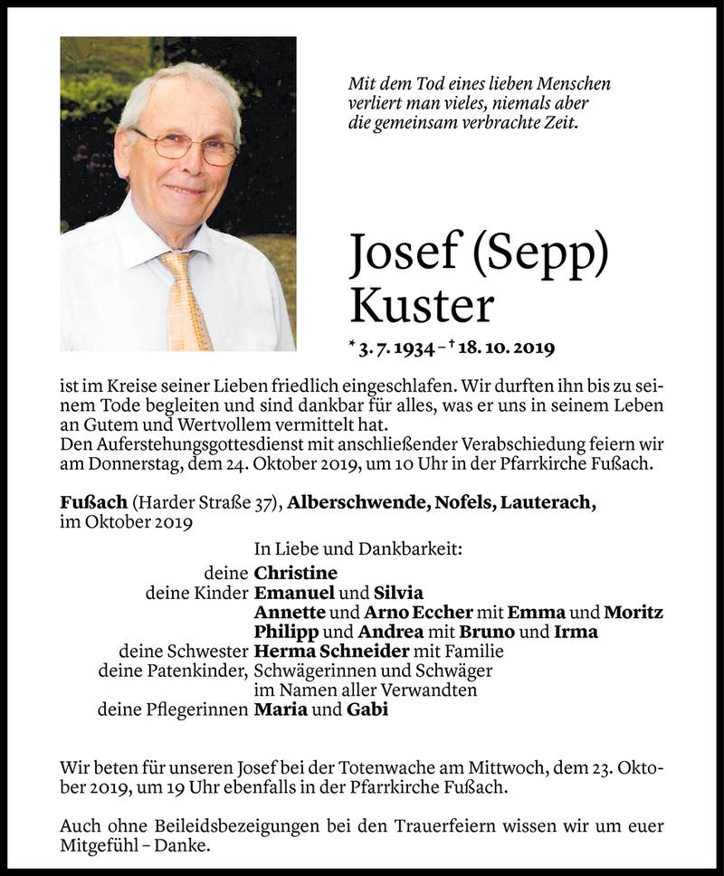  Todesanzeige für Josef Kuster vom 21.10.2019 aus Vorarlberger Nachrichten