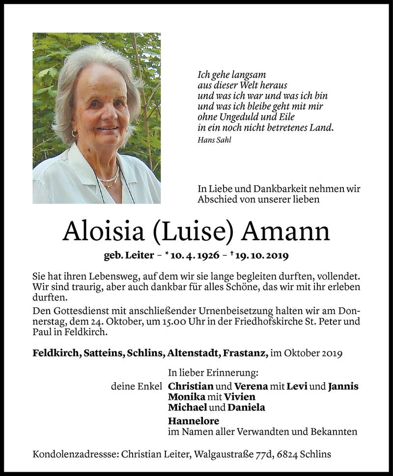  Todesanzeige für Aloisia Amann vom 22.10.2019 aus Vorarlberger Nachrichten
