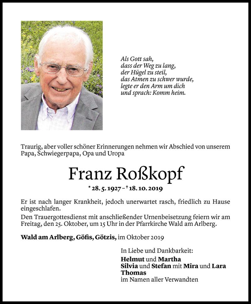  Todesanzeige für Franz Roßikopf vom 23.10.2019 aus Vorarlberger Nachrichten