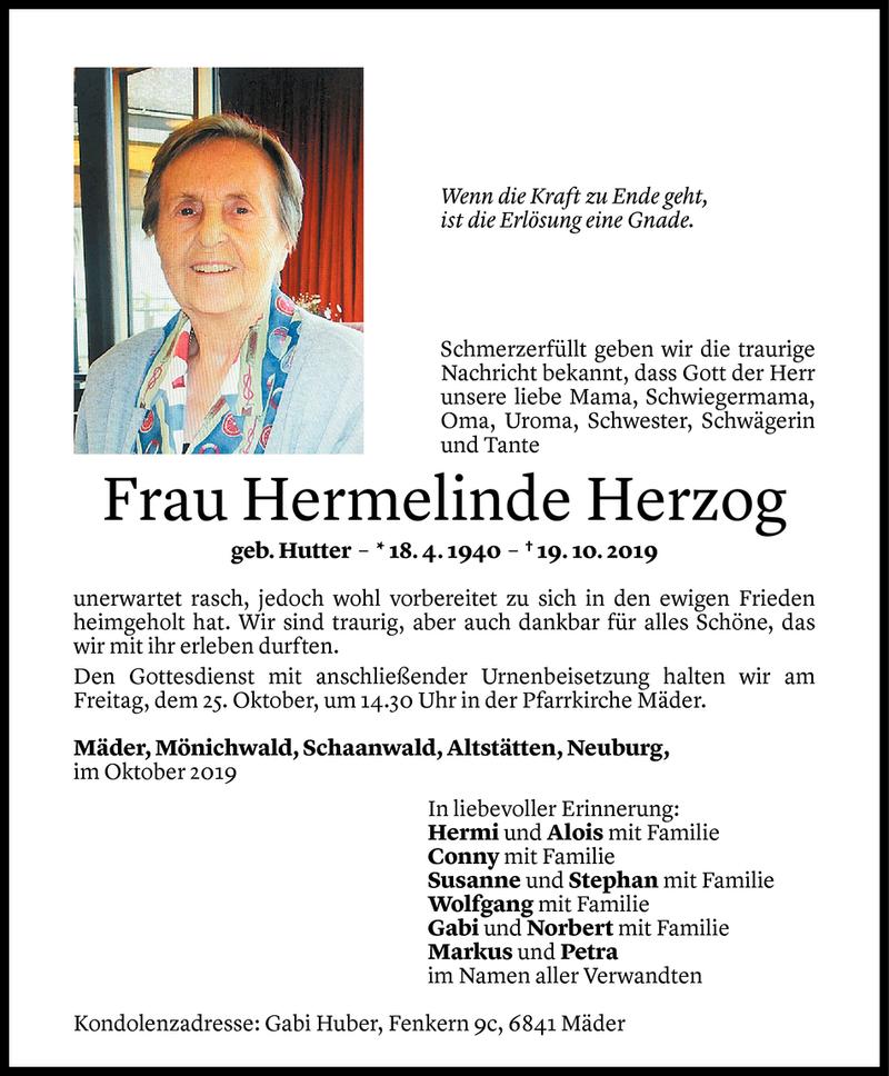  Todesanzeige für Hermelinde Herzog vom 23.10.2019 aus Vorarlberger Nachrichten