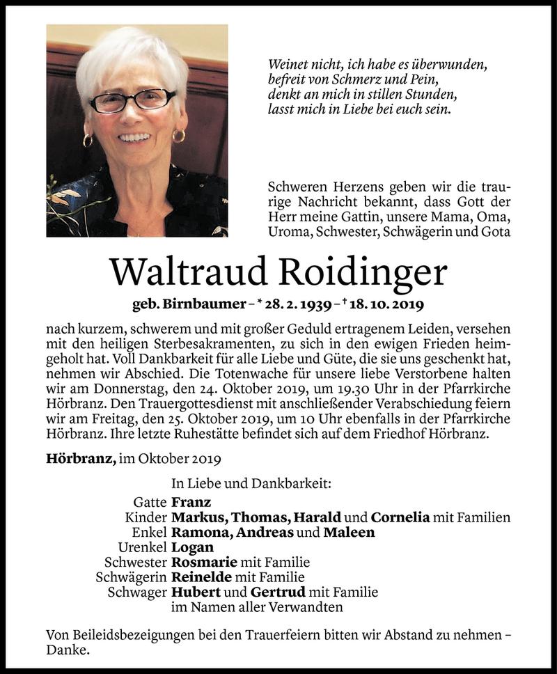  Todesanzeige für Waltraud Roidinger vom 22.10.2019 aus Vorarlberger Nachrichten