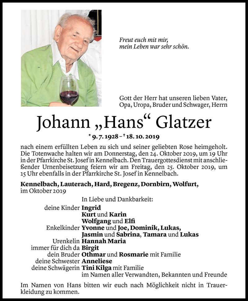  Todesanzeige für Johann Glatzer vom 22.10.2019 aus Vorarlberger Nachrichten