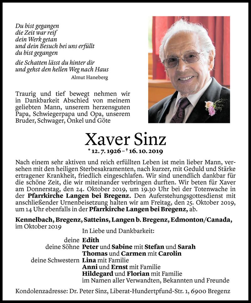  Todesanzeige für Xaver Sinz vom 22.10.2019 aus Vorarlberger Nachrichten