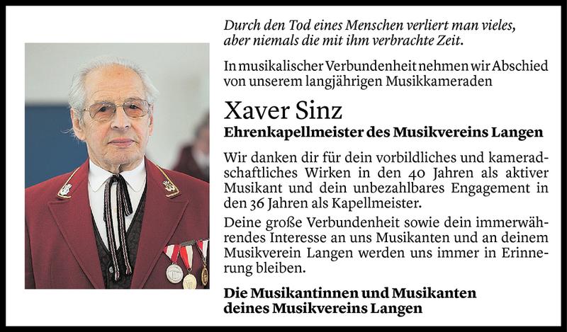  Todesanzeige für Xaver Sinz vom 22.10.2019 aus Vorarlberger Nachrichten