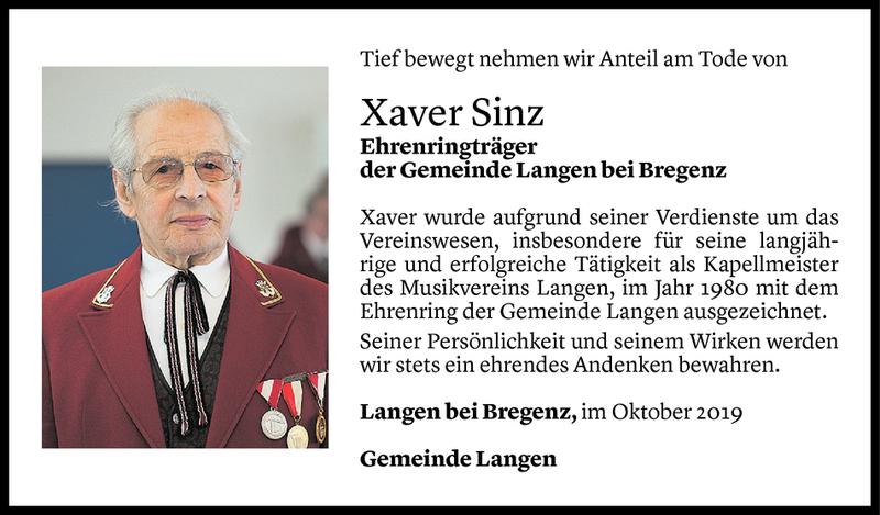  Todesanzeige für Xaver Sinz vom 22.10.2019 aus Vorarlberger Nachrichten