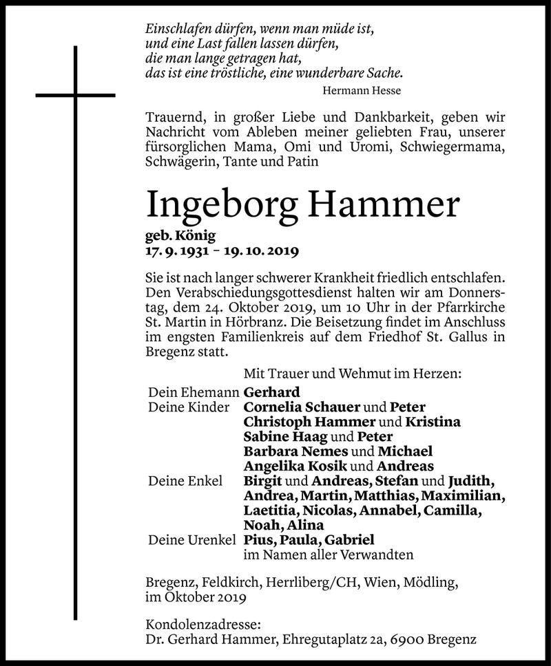  Todesanzeige für Ingeborg Hammer vom 22.10.2019 aus Vorarlberger Nachrichten