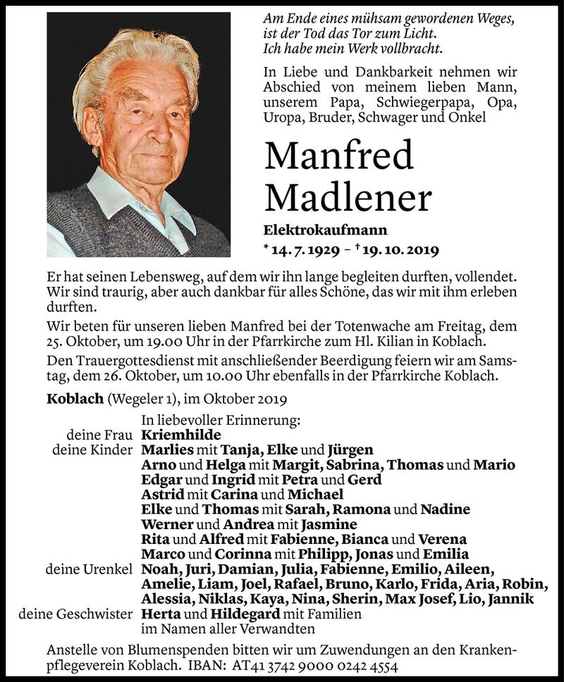  Todesanzeige für Manfred Madlener vom 23.10.2019 aus Vorarlberger Nachrichten