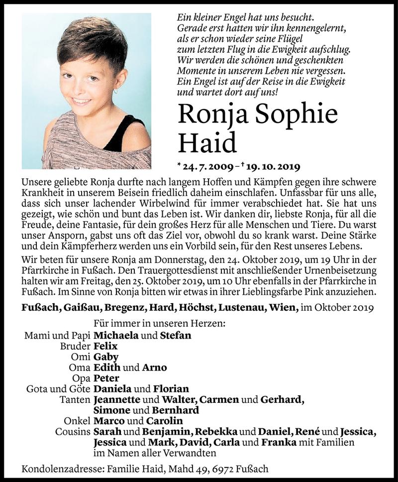  Todesanzeige für Ronja Sophie Haid vom 22.10.2019 aus Vorarlberger Nachrichten