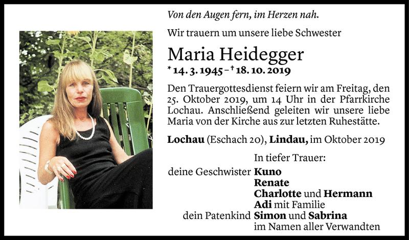  Todesanzeige für Maria Heidegger vom 22.10.2019 aus Vorarlberger Nachrichten